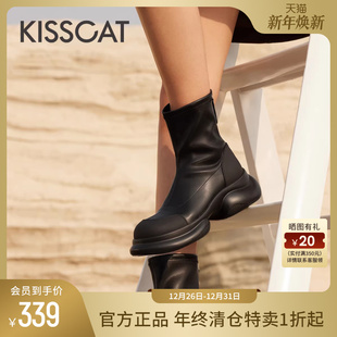 接吻猫机能厚底烟筒靴秋新款 轻便户外机车风短靴弹力瘦瘦靴女