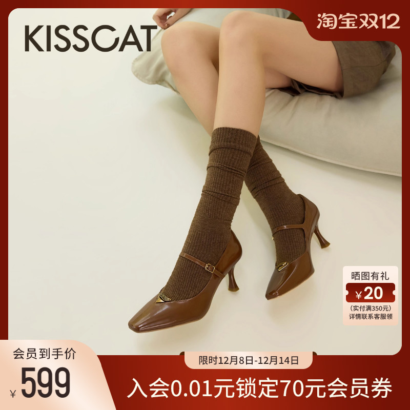 KISSCAT接吻猫[翎羽系列]25秋新法式高跟鞋复古方头玛丽珍单鞋女
