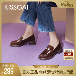 金属插扣真皮学院风乐福鞋 接吻猫秋季 时尚 增高粗高跟小皮鞋 女 新款