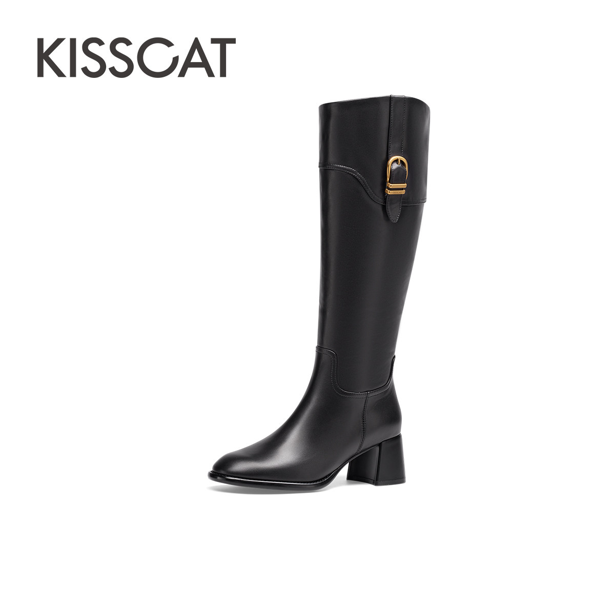 KISSCAT接吻猫【舒心合集】复古真皮长筒骑士靴粗高跟女士长靴