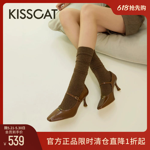 KISSCAT接吻猫[翎羽系列]春季法式一字带高跟鞋复古玛丽珍单鞋女
