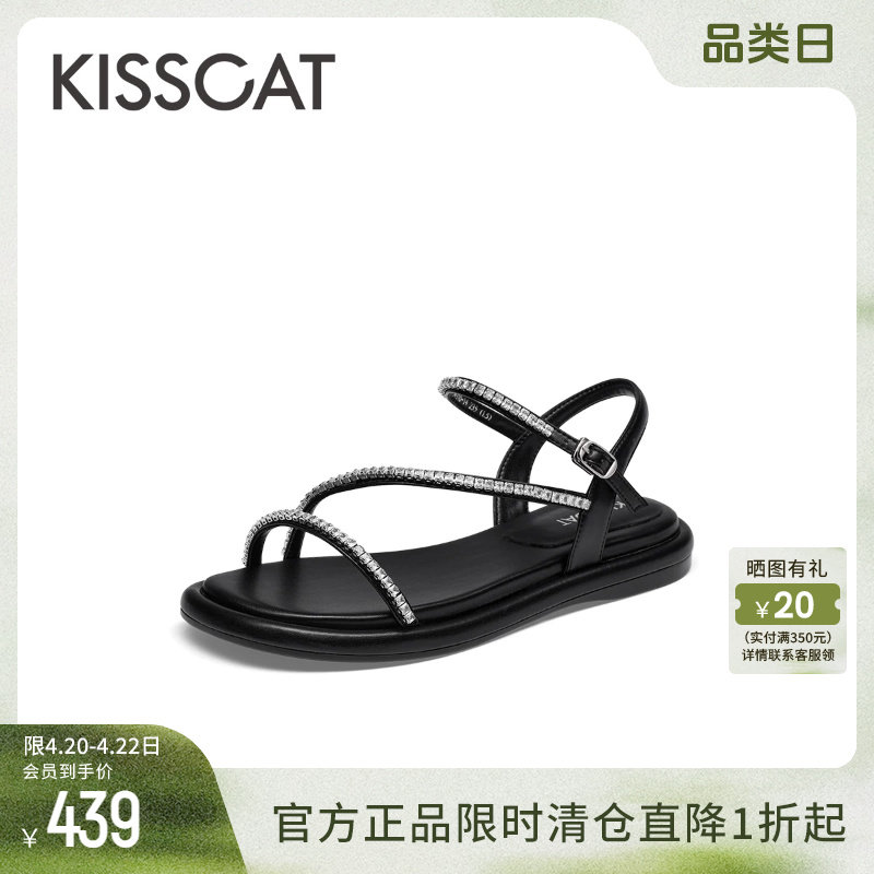 KISSCAT接吻猫夏季法式条带时装凉鞋女平底黑色休闲鞋罗马凉鞋女