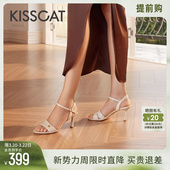女 原创设计一字带凉鞋 KISSCAT接吻猫新款 真皮气质高跟鞋