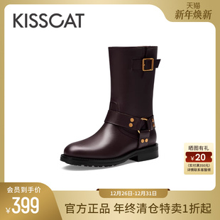 复古长筒西部牛皮靴流行增高加绒骑士靴女 时尚 接吻猫秋季 新款