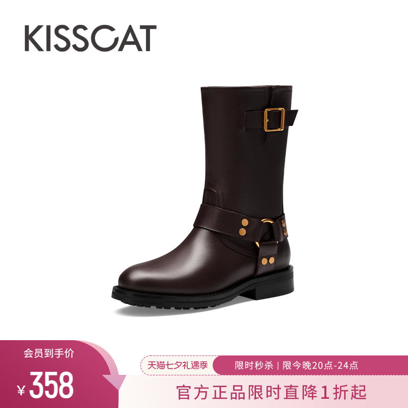 接吻猫秋季新款时尚复古长筒西部牛皮靴流行增高加绒骑士靴女