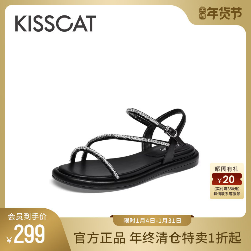 KISSCAT接吻猫夏季新款法式一字带时装凉鞋平底休闲鞋罗马凉鞋