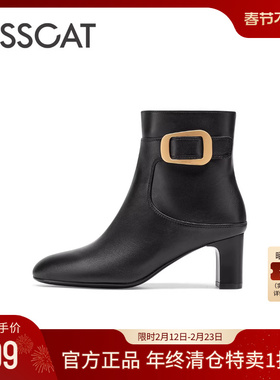 KISSCAT接吻猫春季复古真皮尖头粗跟时装靴羊皮高跟靴黑色通勤靴