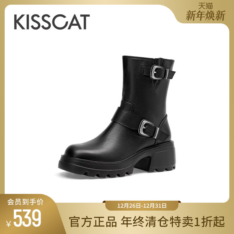 [舒心]接吻猫冬季真皮加绒机车靴女复古西部牛仔靴女厚底中筒靴