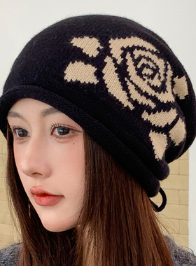 复古玫瑰提花针织堆堆帽女保暖