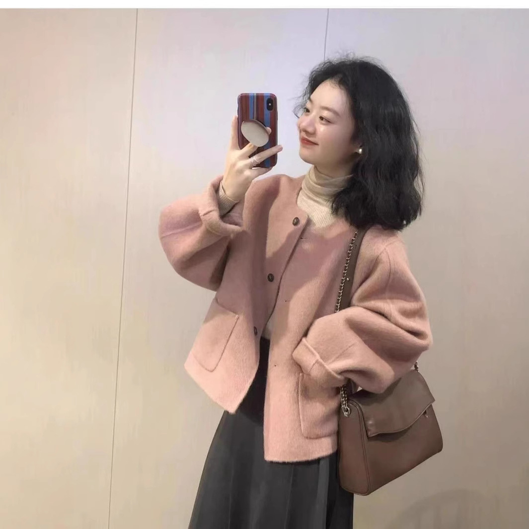 粉色短款呢子大衣女2024秋冬新款韩系小个子气质小香风毛呢外套潮