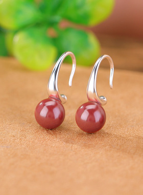 JHEPANs925纯银朱砂帝王砂复古简约圆珠耳坠气质国风百搭个性耳钩