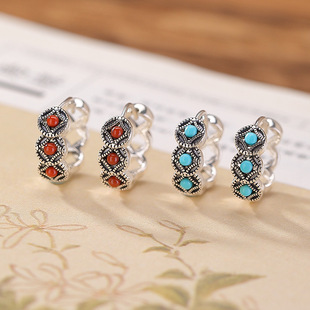 JHEPANs925纯银绿松石南红玛瑙复古做旧铜钱钱币镂空耳夹耳环耳饰