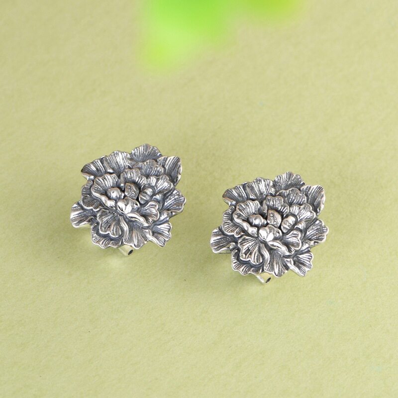 德琳居 s925银大牡丹花耳扣古朴文艺中国风银耳饰女款耳坠新品