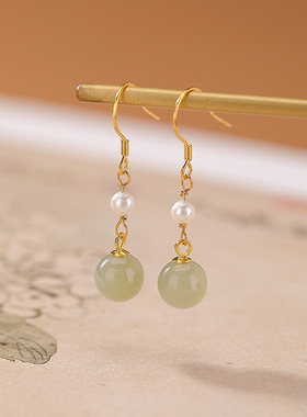 JHEPANs925纯银镀金天然和田玉晴水玉简约珍珠圆珠长款银耳坠耳饰