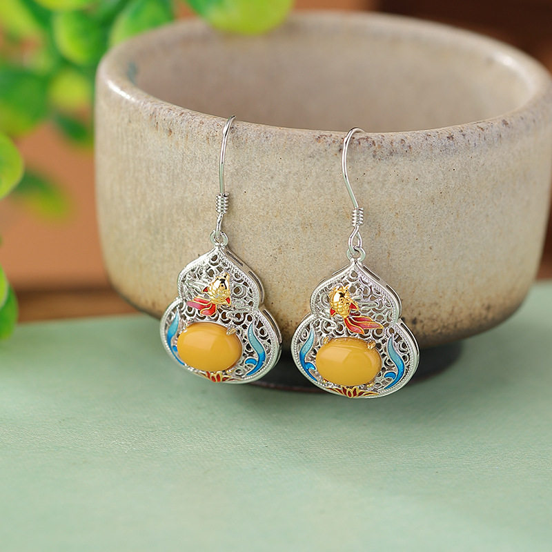 锦河畔 s925纯银镀金蜜蜡复古国潮景泰蓝鲤鱼莲花葫芦耳坠镂空