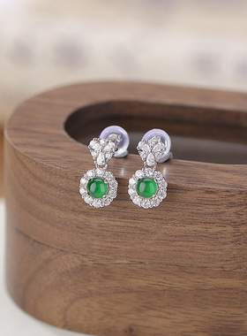 JHEPANs925纯银翡翠时尚轻奢爱心几何圆珠耳钉气质百搭ins风耳饰