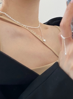 JHEPAN 双层珍珠爱心项链女925纯银INS小众设计品牌网红款时尚锁