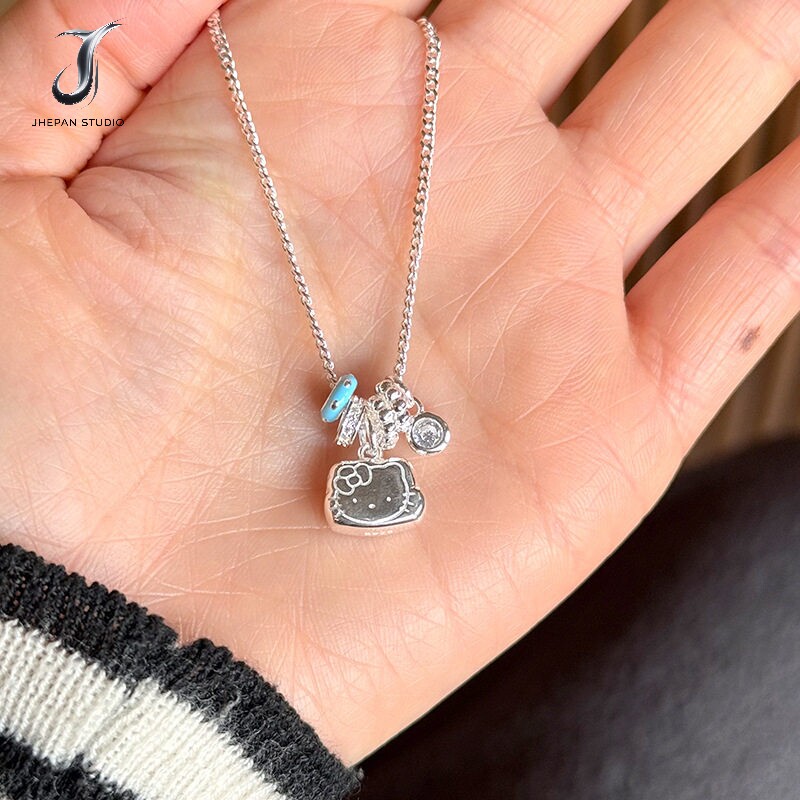 JHEPAN 925纯银KT猫锆石圆环项链女简约时髦个性可爱甜美气质锁骨