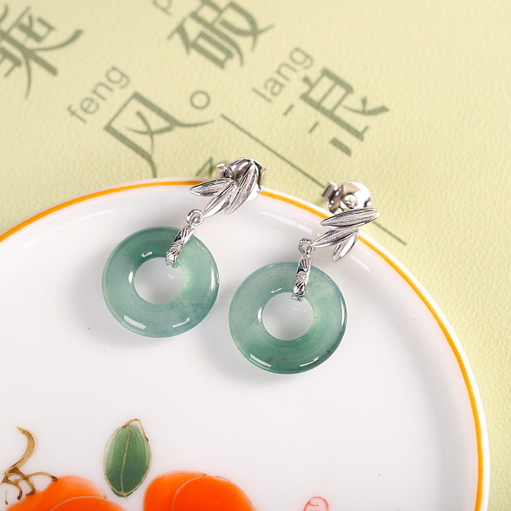 德琳居 s925纯银镶嵌平安扣天然a货翡翠竹节耳坠简约女个性耳饰