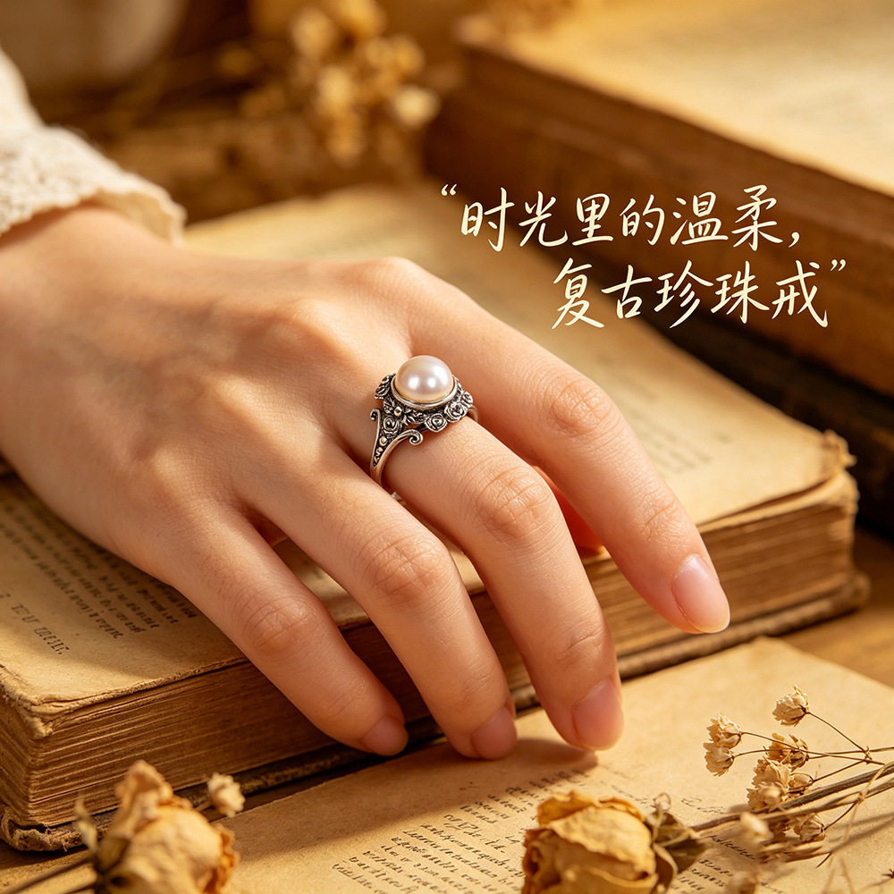 德琳居 s925纯银淡水珍珠戒指文艺复古泰银新中式女做旧女食指戒