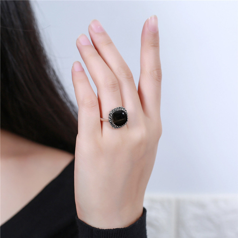 德琳居 s925银饰品泰银仿古做旧绿玉髓戒指时尚小众女式开口指环