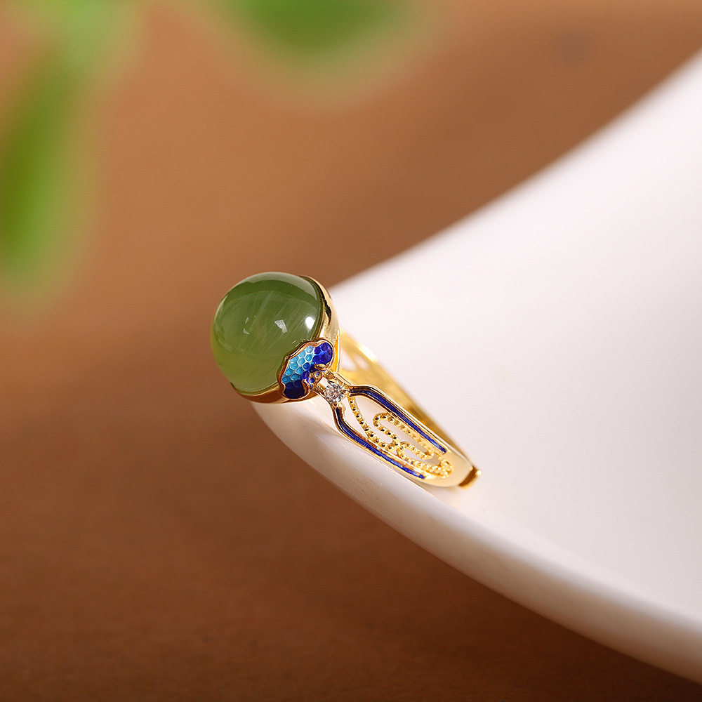 德琳居 s925银镀金烧蓝和田碧玉戒指时尚女式指环