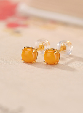 JHEPAN s925纯银镀金天然蜜蜡复古气质简约圆形时尚通勤百搭银耳