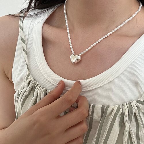锦河畔 爱心珍珠项链韩国圈款锁骨链s925银新品首饰女0410b