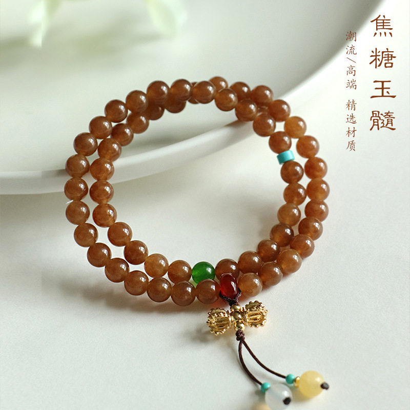 槿德居 焦糖玉髓盐源玛瑙花朵手链女中国风文艺绿玉髓金刚杵手串