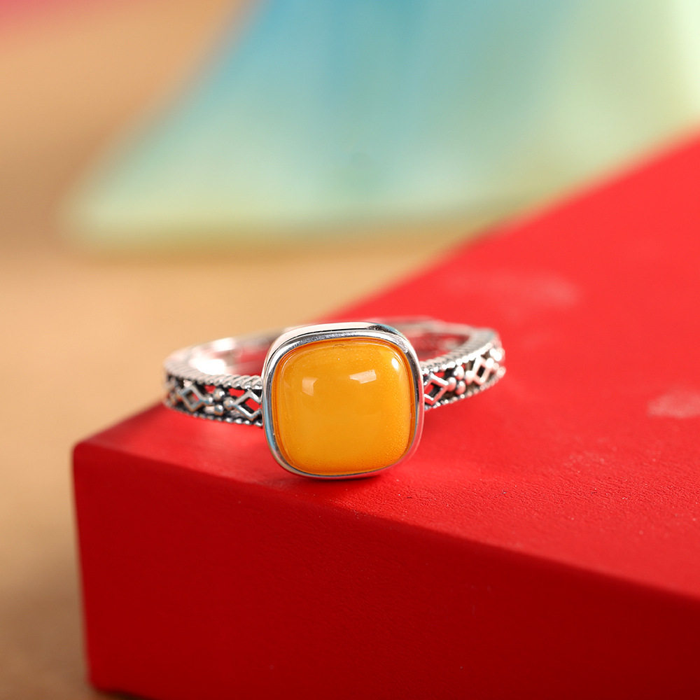 德琳居 s925纯银编织镂空几何圆形蜜蜡戒指时尚女款复古百搭指环