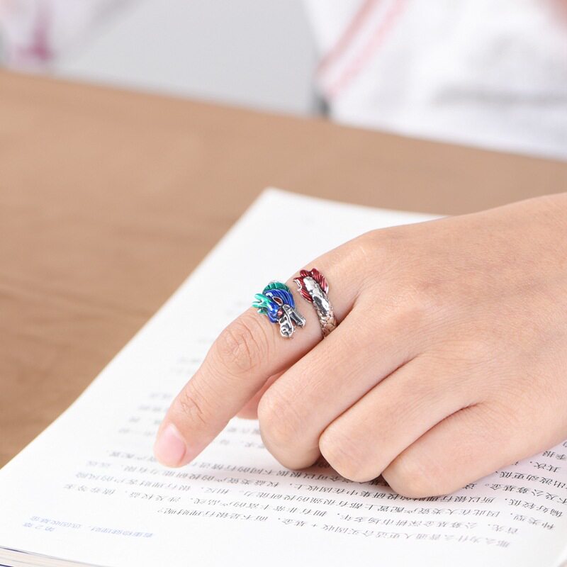 德琳居  s925银戒指 中古风滴油瑞兽龙凤凰开口指环银饰男女饰品
