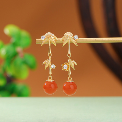 s925纯银镀金水红南红复古新中式竹节竹叶圆珠耳钉国风耳坠