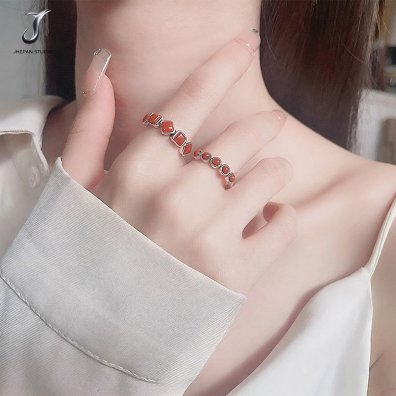 JHEPAN925银复古潮流南红玛瑙高雅气质个性创意港风开口戒指女轻
