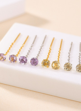 JHEPANs925纯银黄水晶紫水晶时尚几何简约圆形个性高级银耳线耳饰