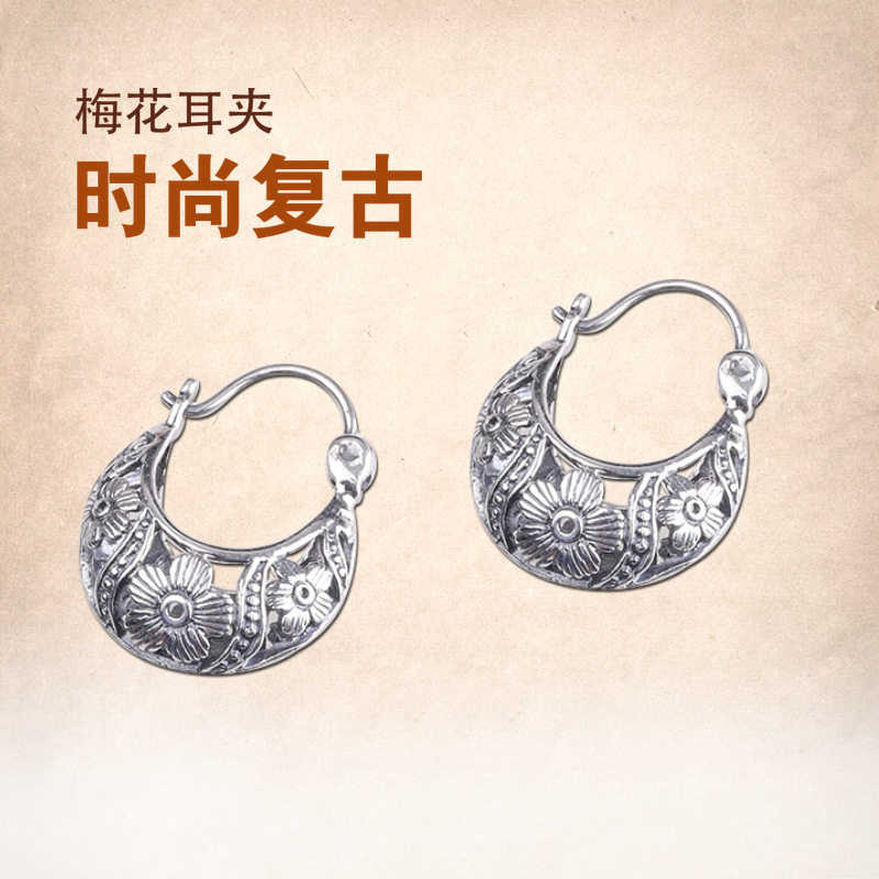 德琳居 s925银饰品泰银手工女款镂空雕花复古耳夹个性百搭耳饰