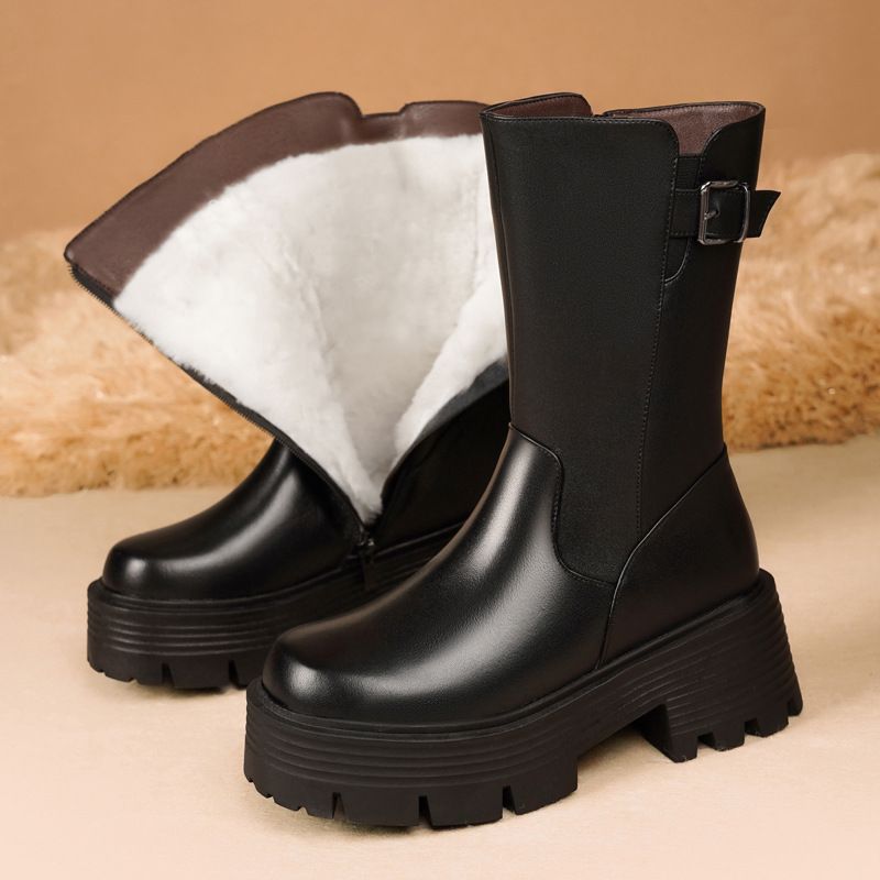 中年妈妈棉鞋厚底靴子中筒靴女士