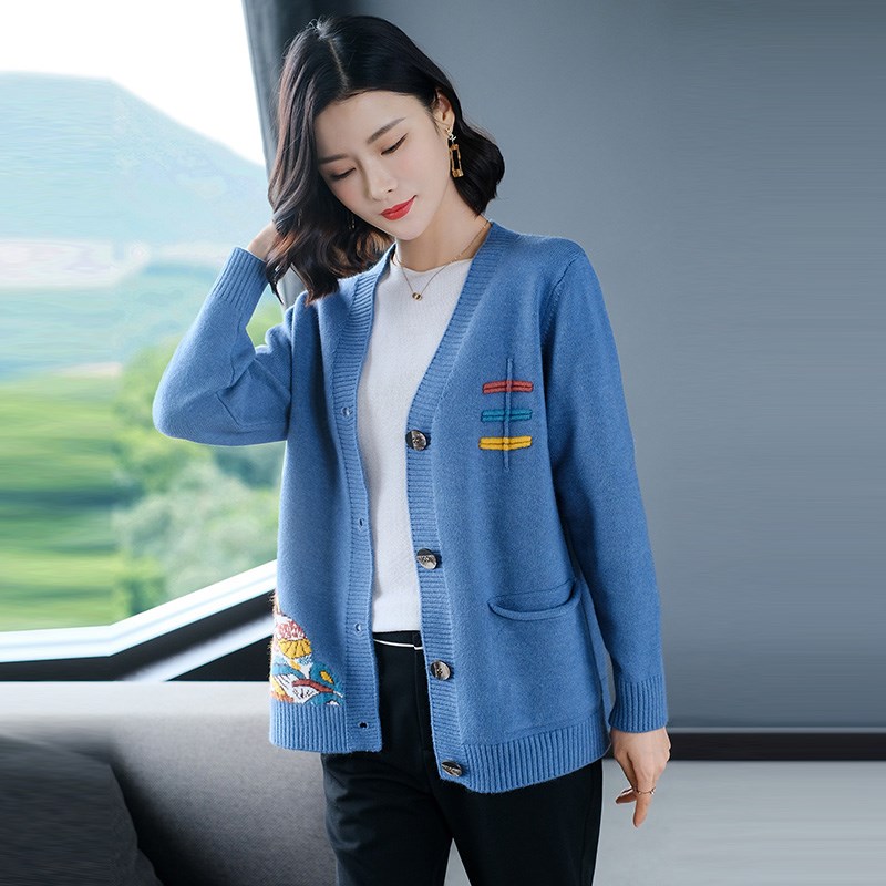 针织开衫蓝色女士秋装2021年新款女装厚款早秋毛衣小外套春秋外搭