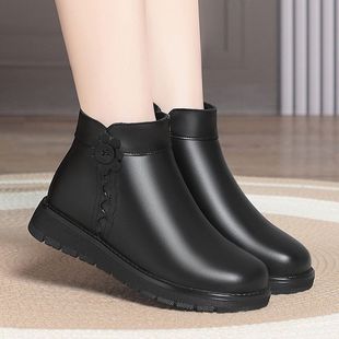 新款 女士软皮女靴圆头中筒靴女春秋加绒雪地靴软皮粗跟平跟短靴子