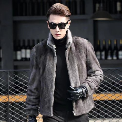冬季男新款仿皮草外套金貂绒水貂皮大衣毛绒修身短款连帽翻领男士