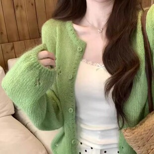 KANING秋夏嫩绿色针织开衫浪漫感镂空钩花温柔女神百搭软糯外搭女