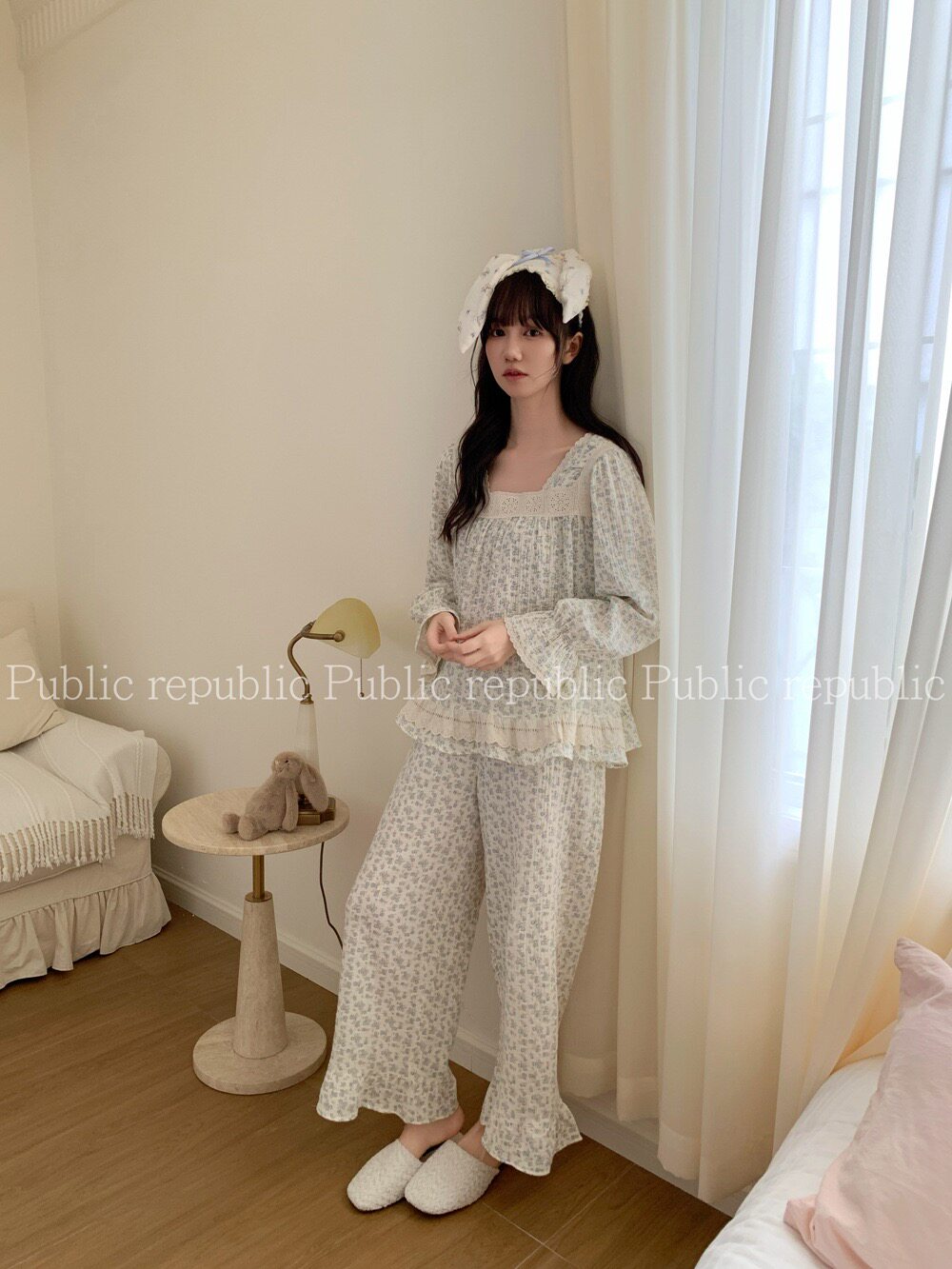 public韩系甜美秋季少女方领花边公主系双层棉纱家居睡衣系列