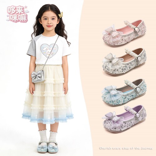 春季女童小皮鞋爱莎公主风水晶鞋