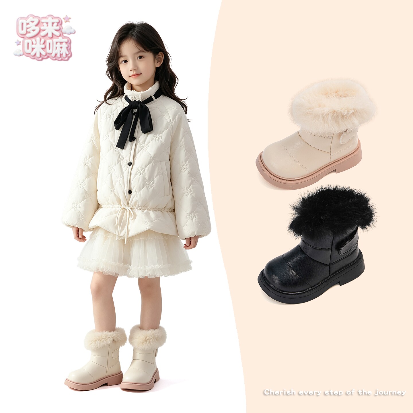 女童加绒皮靴儿童皮面雪地靴
