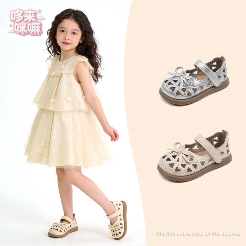 女童包头镂空凉鞋儿童蝴蝶结公主鞋2026春夏新款女宝魔术贴小单鞋