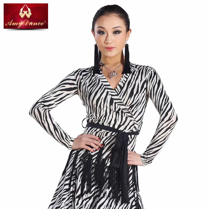 艾美舞服拉丁舞上衣长袖性感修身豹纹国标舞服装女摩登舞练功服