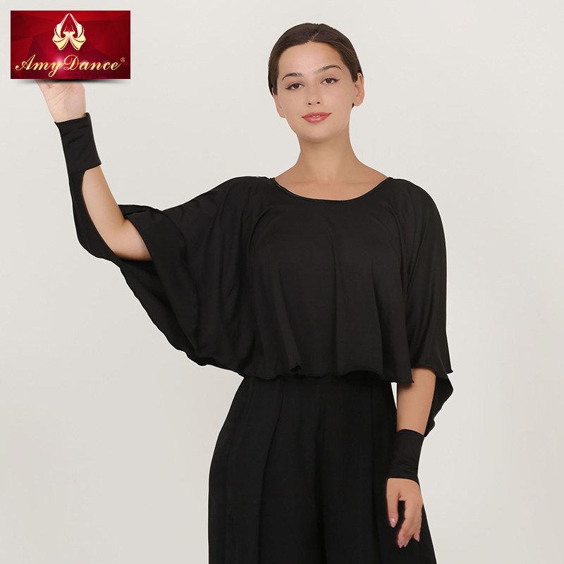 艾美拉丁舞服专业比赛舞蹈服女新款蝙蝠袖摩登舞练功服国标舞上衣