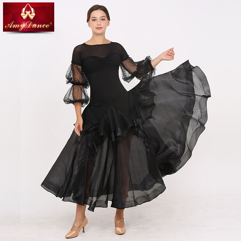 艾美舞服交谊舞演出服带胸垫灯笼袖修身华尔兹舞裙新款连衣裙长裙