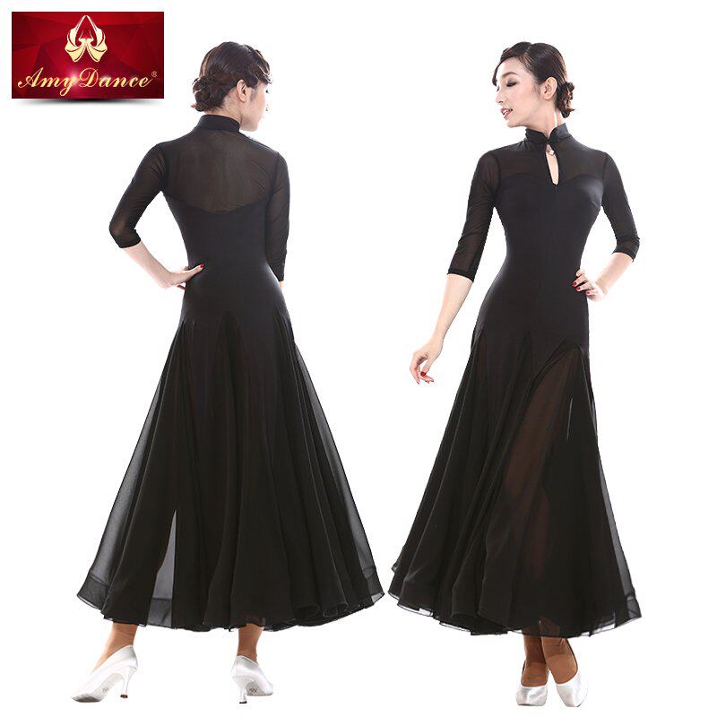 艾美舞服交际舞裙新款大摆修身复古旗袍华尔兹演出服摩登舞连衣裙