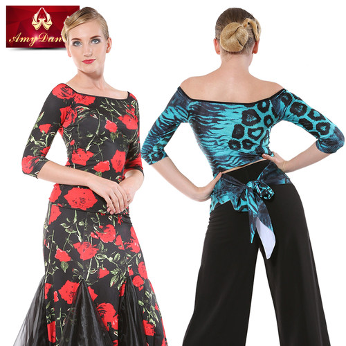 艾美舞服舞蹈服装练功服女一字领短中袖系带摩登舞服拉丁舞上衣女