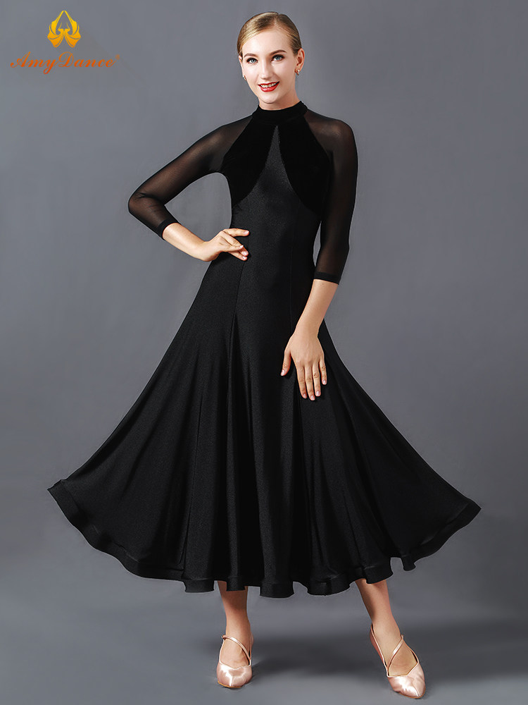艾美舞服摩登舞连衣裙高领性感透视大摆华尔兹舞裙交谊舞演出服